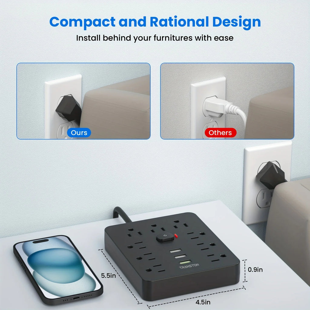 TRANSTON Power Outlet with Surge Protector, 9 power strip   3 USB Ports, 10ft Extension Cord, Quick Charge, For Home and Offic