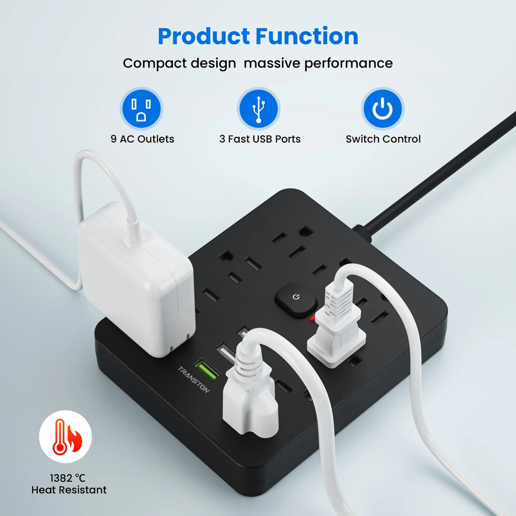 TRANSTON Power Outlet with Surge Protector, 9 power strip   3 USB Ports, 10ft Extension Cord, Quick Charge, For Home and Offic