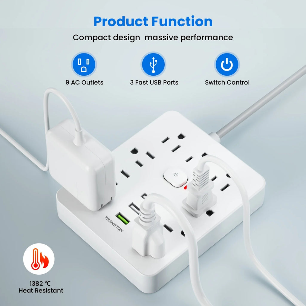 TRANSTON Power Outlet with Surge Protector, 9 power strip   3 USB Ports, 10ft Extension Cord, Quick Charge, For Home and Offic