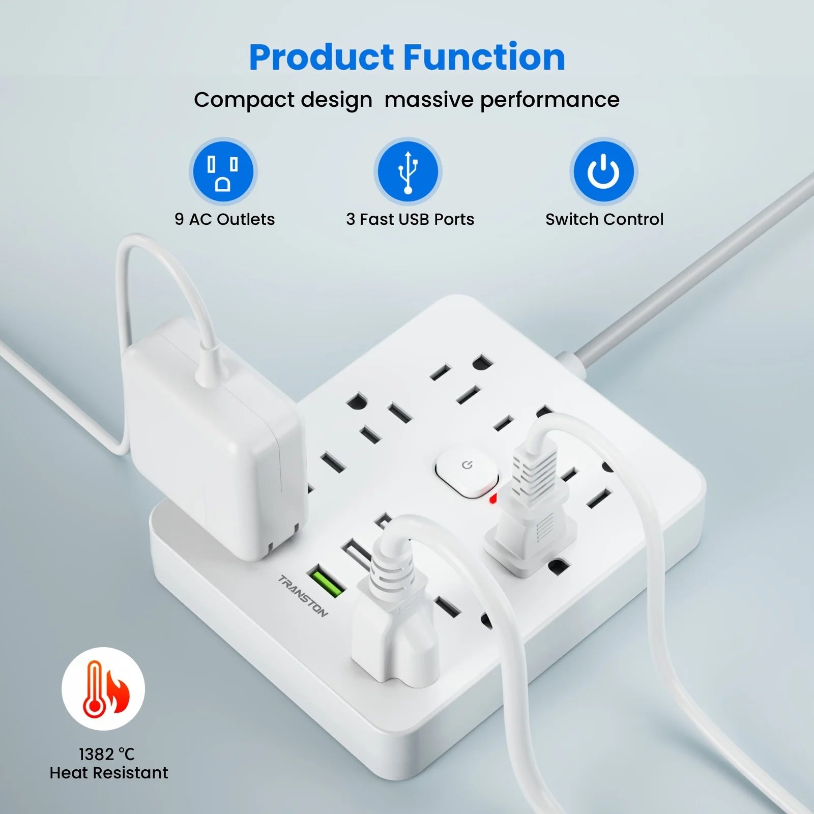 TRANSTON Power Outlet with Surge Protector, 9 power strip   3 USB Ports, 10ft Extension Cord, Quick Charge, For Home and Offic